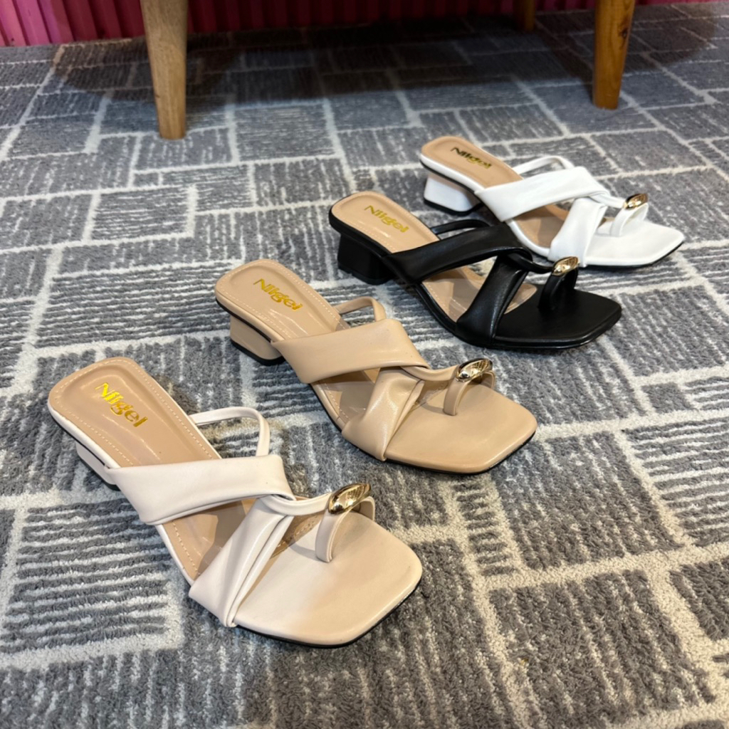 Niigel Judith Sendal Jepit High Heels Wanita Tumit 5cm Hak Tahu Sandal Pesta Wanita