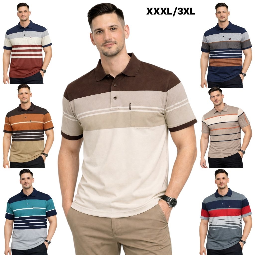kaos kerah pria dewasa motif salur jumbo saku lengan pendek bigsize/xxxl