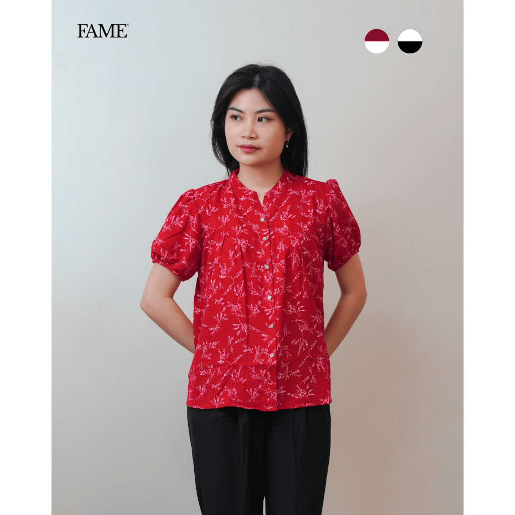 FAME | 9221599 | Textured Botanical Puff Sleeve Blouse | Blus Wanita Lengan Pendek Floral