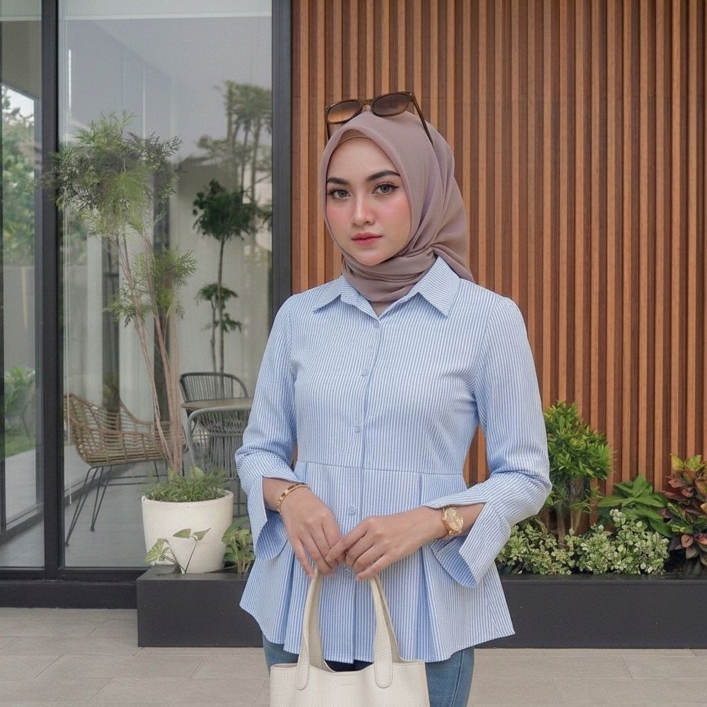 Kemeja Stripe Rempel Korean Look Fitted Shirt Atasan Wanita Katun Stripe Salur Kantor Formal Casual
