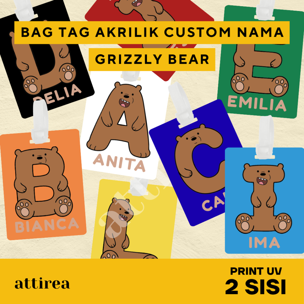 Bag Tag Akrilik Inisial - Grizzly Bear We Bare Bears | Gantungan Tas Koper Luggage Lucu Tahan Air Na
