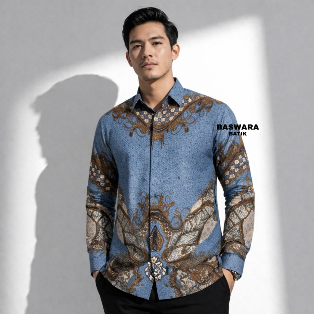 BASWARA Kemeja Pria Batik Dobby Lengan Panjang Biru Coklat