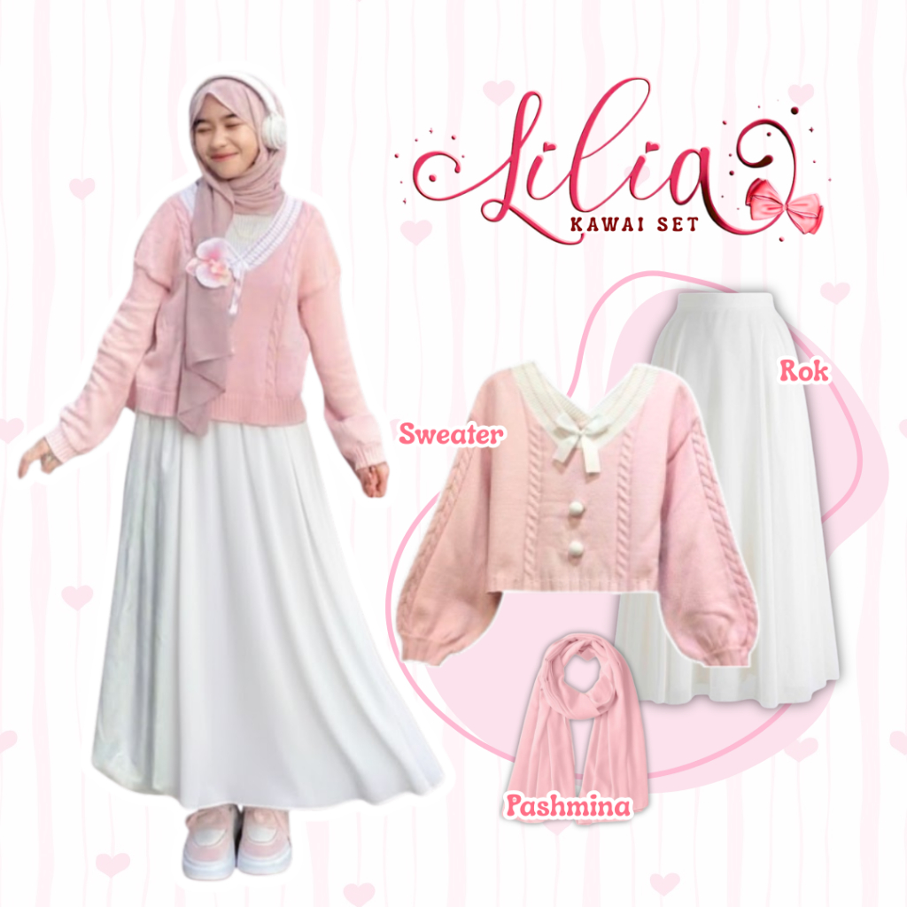 One Set Hijab Kawaii 3in1 / Setelan Wanita Kekinian / Outfit Ngampus / Outfit Nongkrong / Sweater Ra