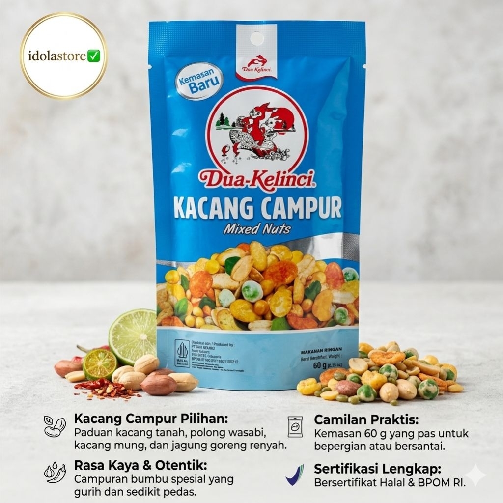 Dua Kelinci Miked Nuts 60gr Kacang Campur Kaya Serat Gurih Renyah Mantap