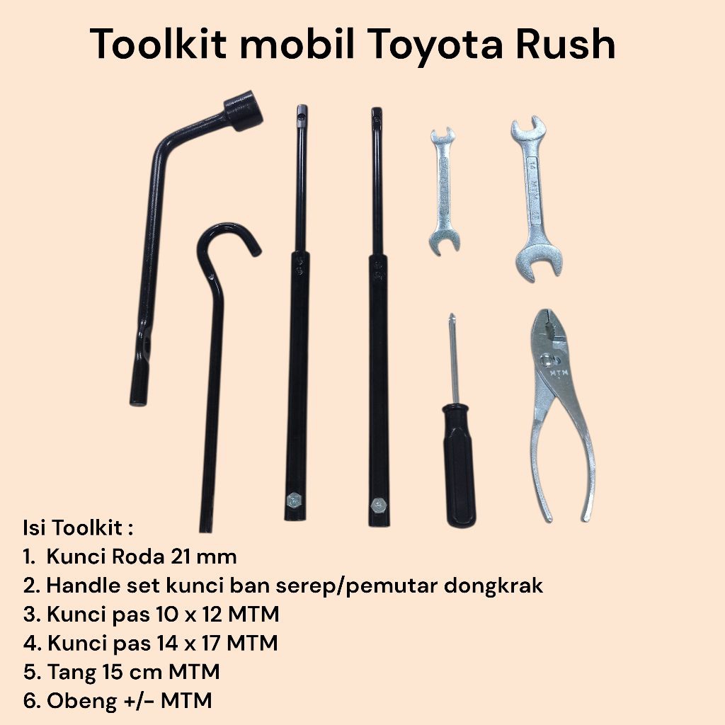 Toolkit Mobil Toyota Rush ( kunci roda,handle set,kunci pas,Tang & Obeng )