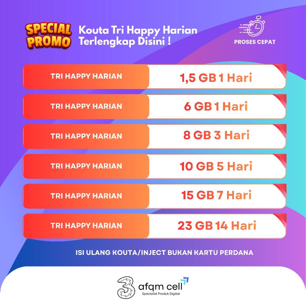 Promo Isi Ulang Kouta Paket Data Tri Murah Happy Harian