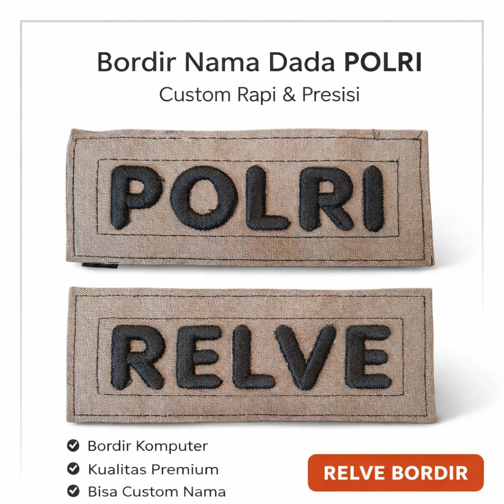 Bordir Nama Dada POLRI Bordir Timbul + Tulisan POLRI | Papan Nama Polisi Atribut Seragam Premium