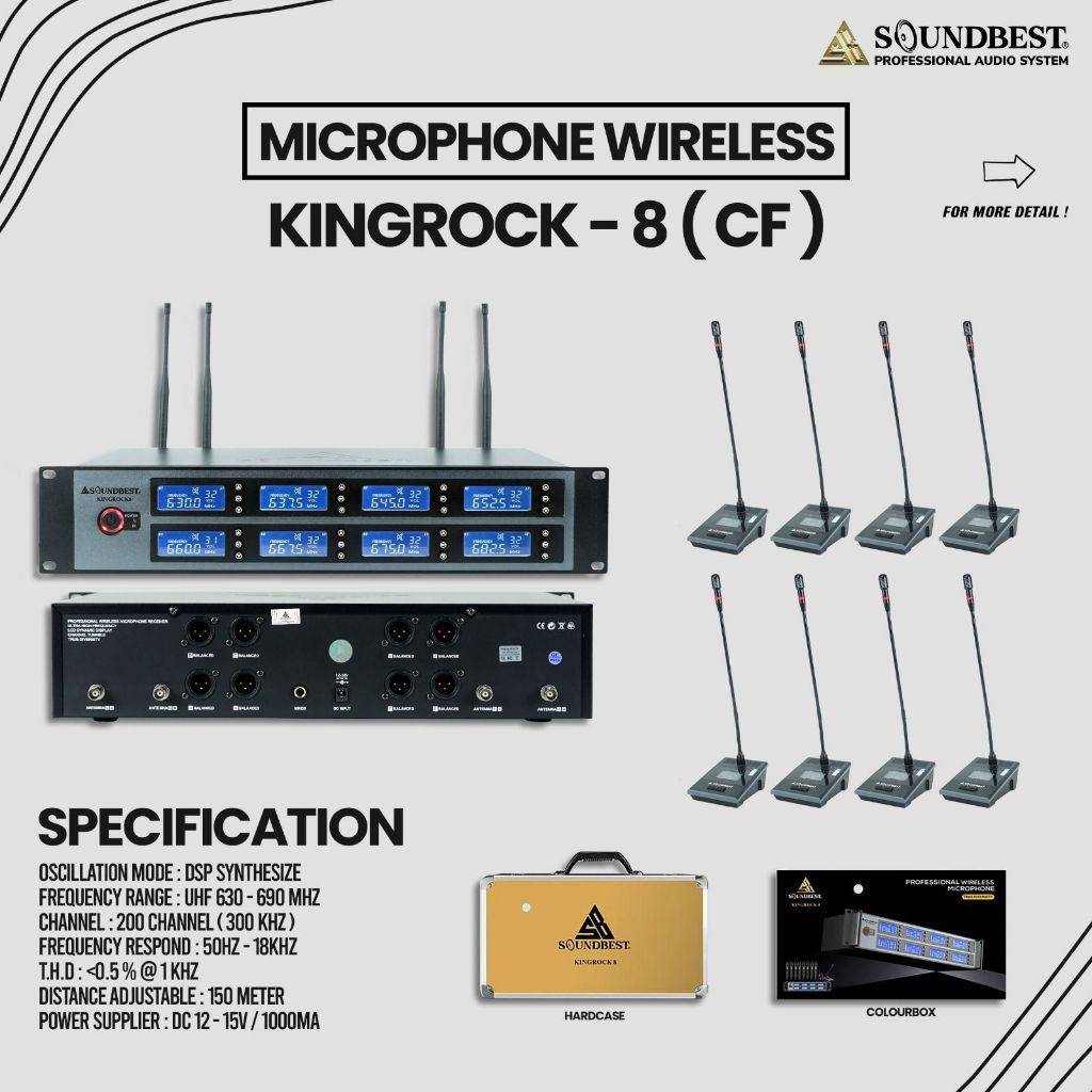 Mic Wireless Soundbest KINGROCK 8 / KINGROCK8 -- VARIAN : 8 PEGANG // 8 MEJA CONFERENCE // 8 HEADSET + CLIP ON // 4 PEGANG + 4 HEADSET + CLIP ON