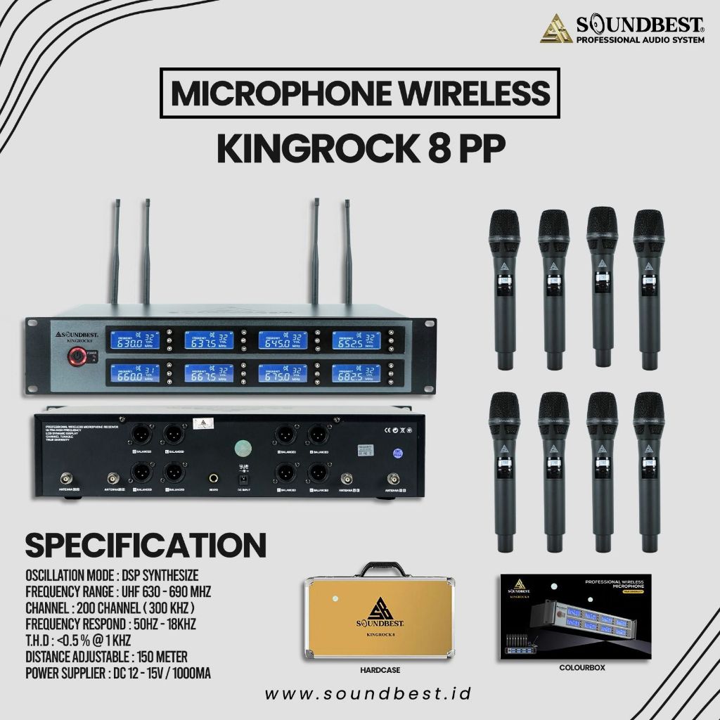 Mic Wireless Soundbest KINGROCK 8 / KINGROCK8 — VARIAN : 8 PEGANG // 8 MEJA CONFERENCE // 8 HEADSET + CLIP ON // 4 PEGANG + 4 HEADSET + CLIP ON