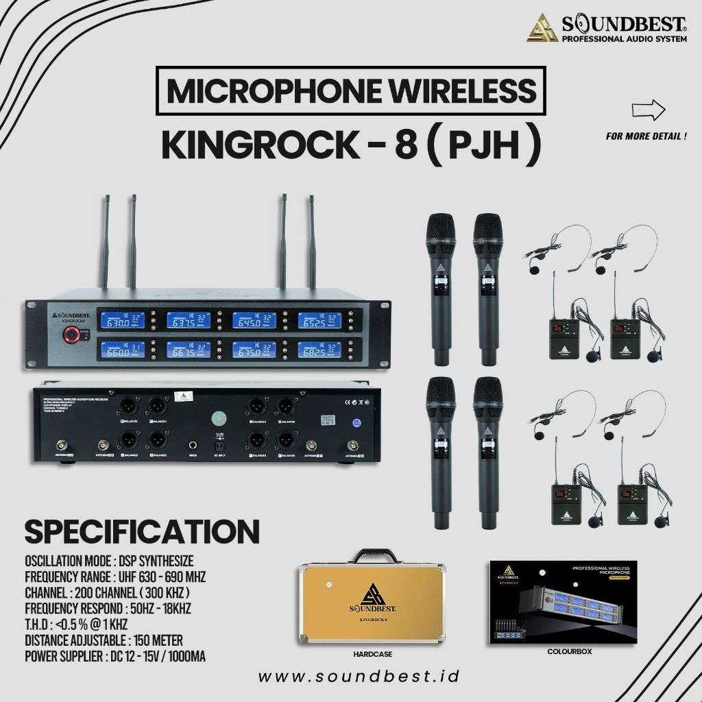 Mic Wireless Soundbest KINGROCK 8 / KINGROCK8 — VARIAN : 8 PEGANG // 8 MEJA CONFERENCE // 8 HEADSET + CLIP ON // 4 PEGANG + 4 HEADSET + CLIP ON