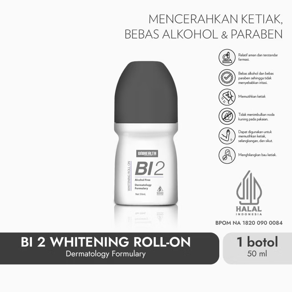 BI-2 Whitening Roll On Deodorant Unihealth | Memutihkan Ketiak, Lutut dan Siku
