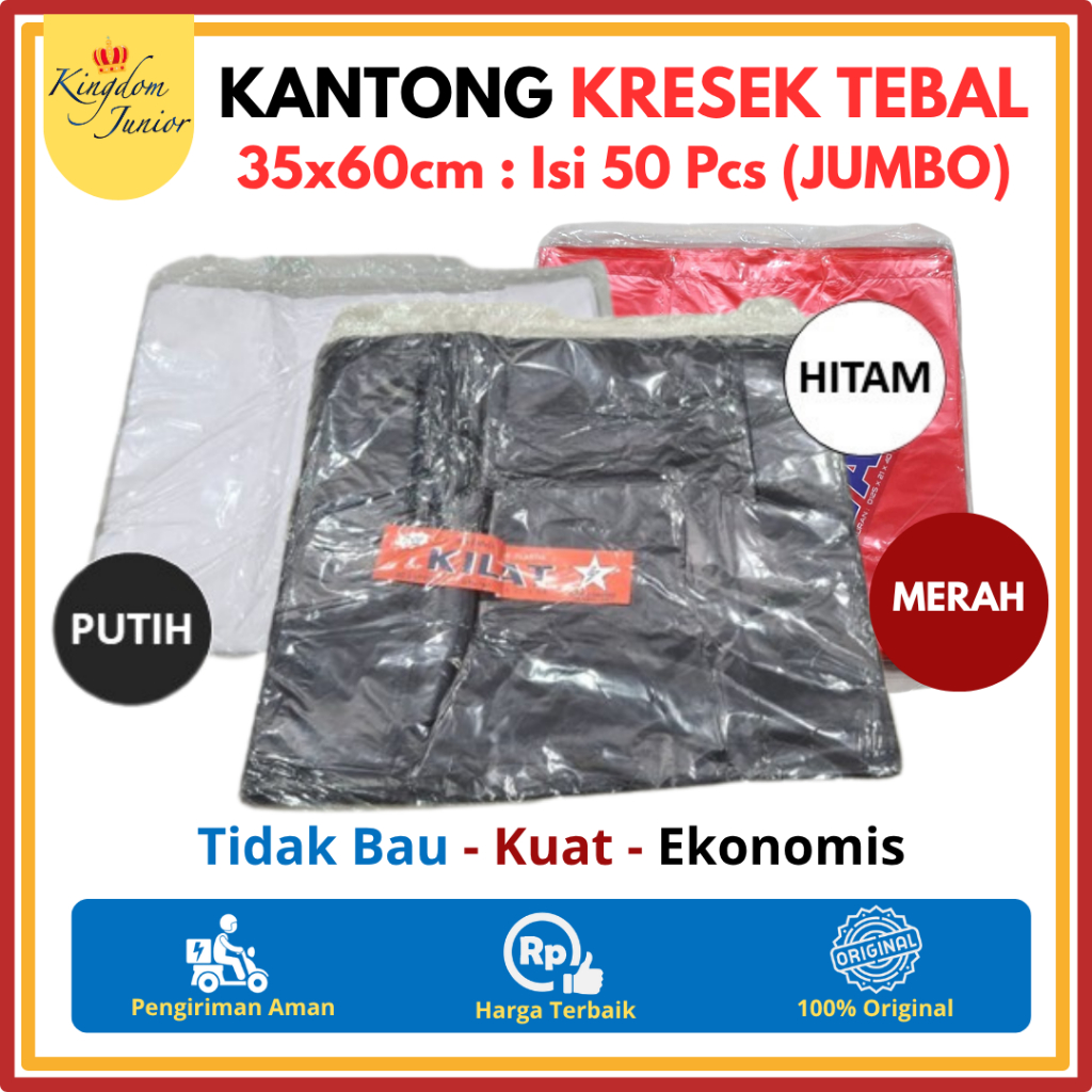 Kantong Kresek Jumbo Tebal Berkualitas Hitam Putih Merah Ukuran  35cm x 60cm Isi 50 Pcs | Kantong Kr