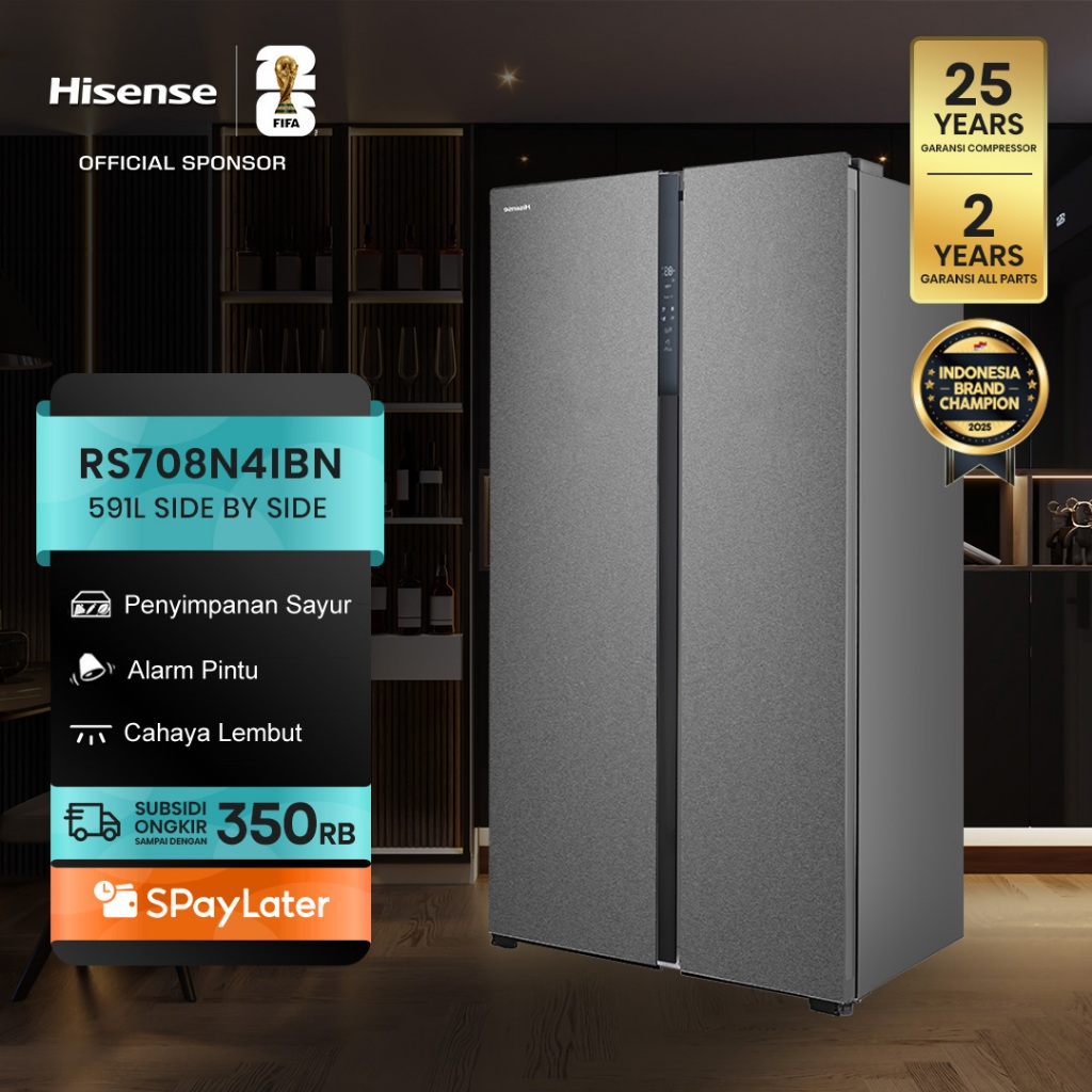 Hisense Kulkas RS708N4IBN Refrigerator Side By Side Kapasitas 591L Warna Hitam Inverter Tanpa Bunga 