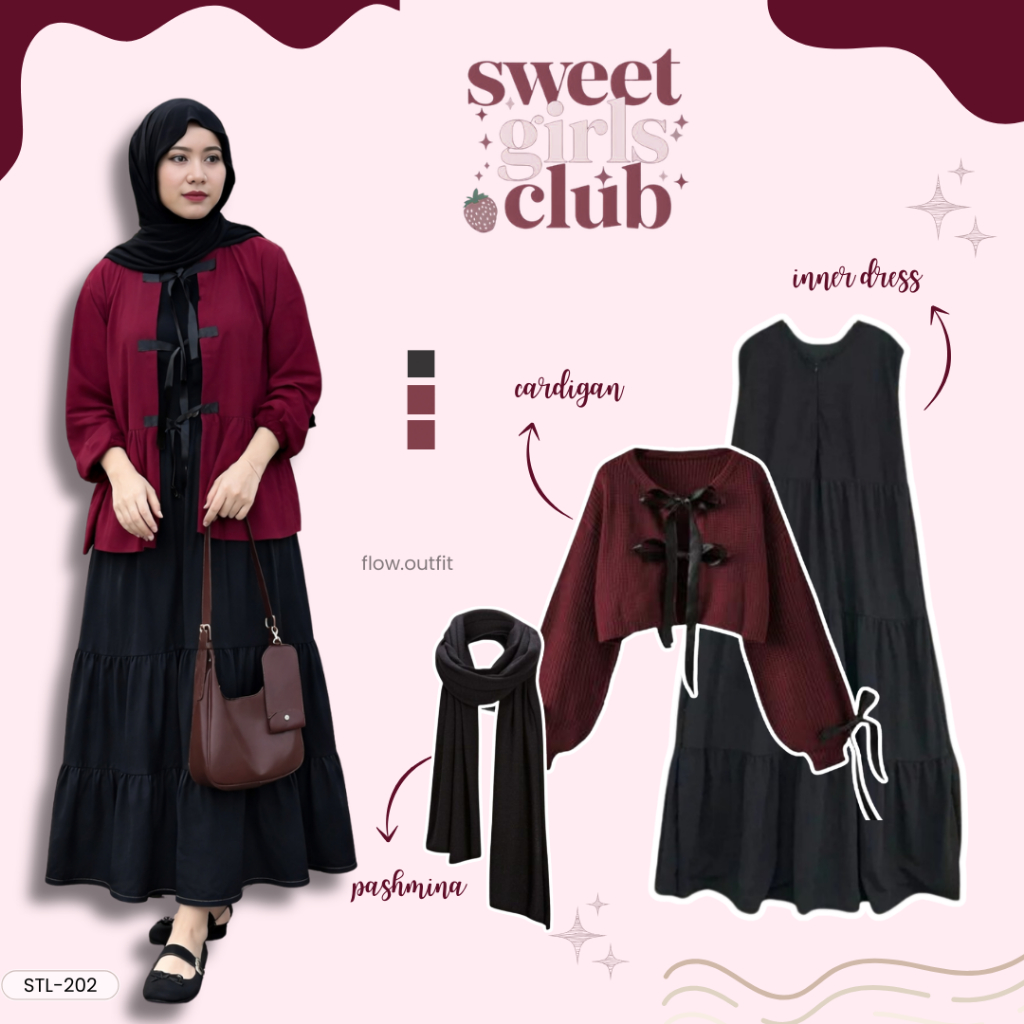 One Set Cardigan Ribbon 3in1 [ Cardigan rajut + Inner dress + Pashmina ] OOTD Hijab Kekinian | Outfi