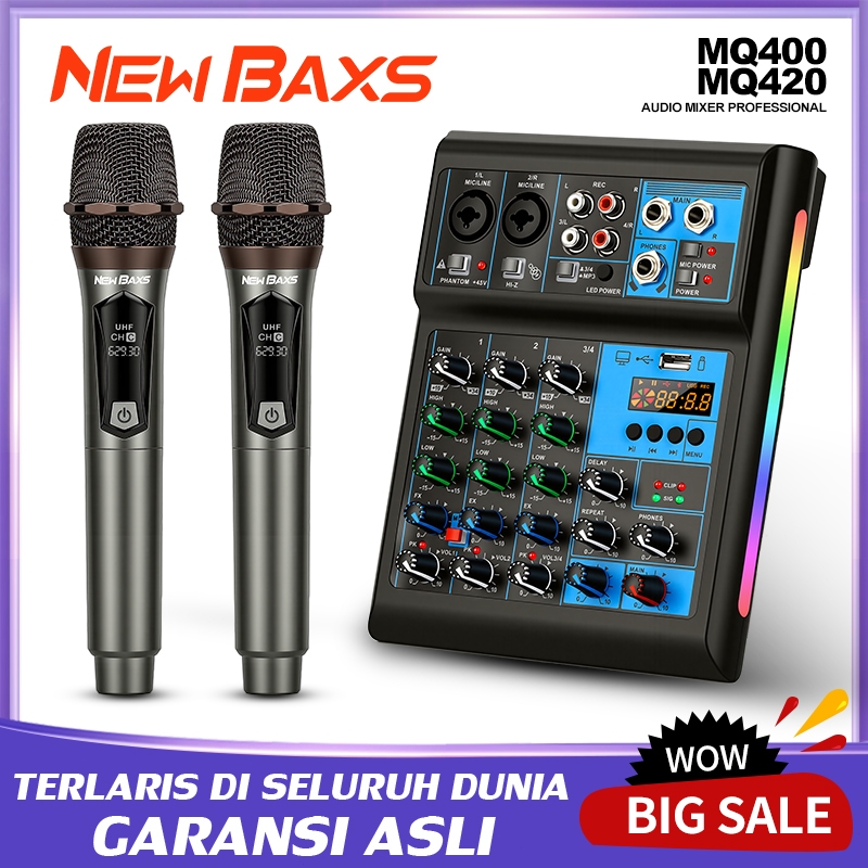NEW BAXS Sound Mixer 4 Channel Bluetooth USB MP3 Echo Delay Phantom 48V untuk Microphone Condenser S