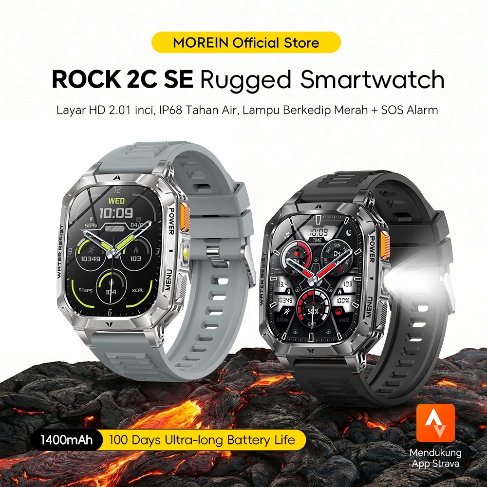 Morein Rock 2C SE Smartwatch 1400mAh Tahan Air IP68 Layar 2.0'' Senter Lampu SOS 100+ Mode Olahraga