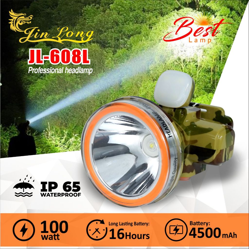 Senter Kepala / Headlamp Jinlong JL 608L + Adaptor waterproof / tahan air 100 watt