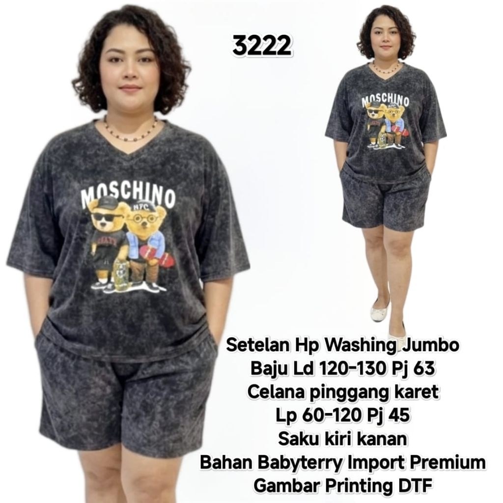 Setelan Pendek Jumbo Washing Printing Bahan Babyterry Import Premium Halus Baju LD 120-130 cm Pingga