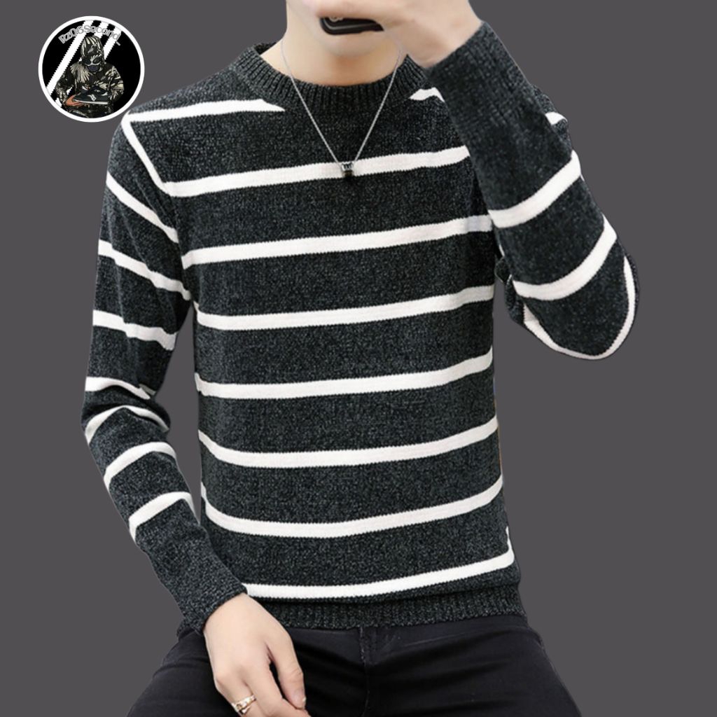 Sweater Crewneck Rajut Pria Dan Wanita Garis Salur