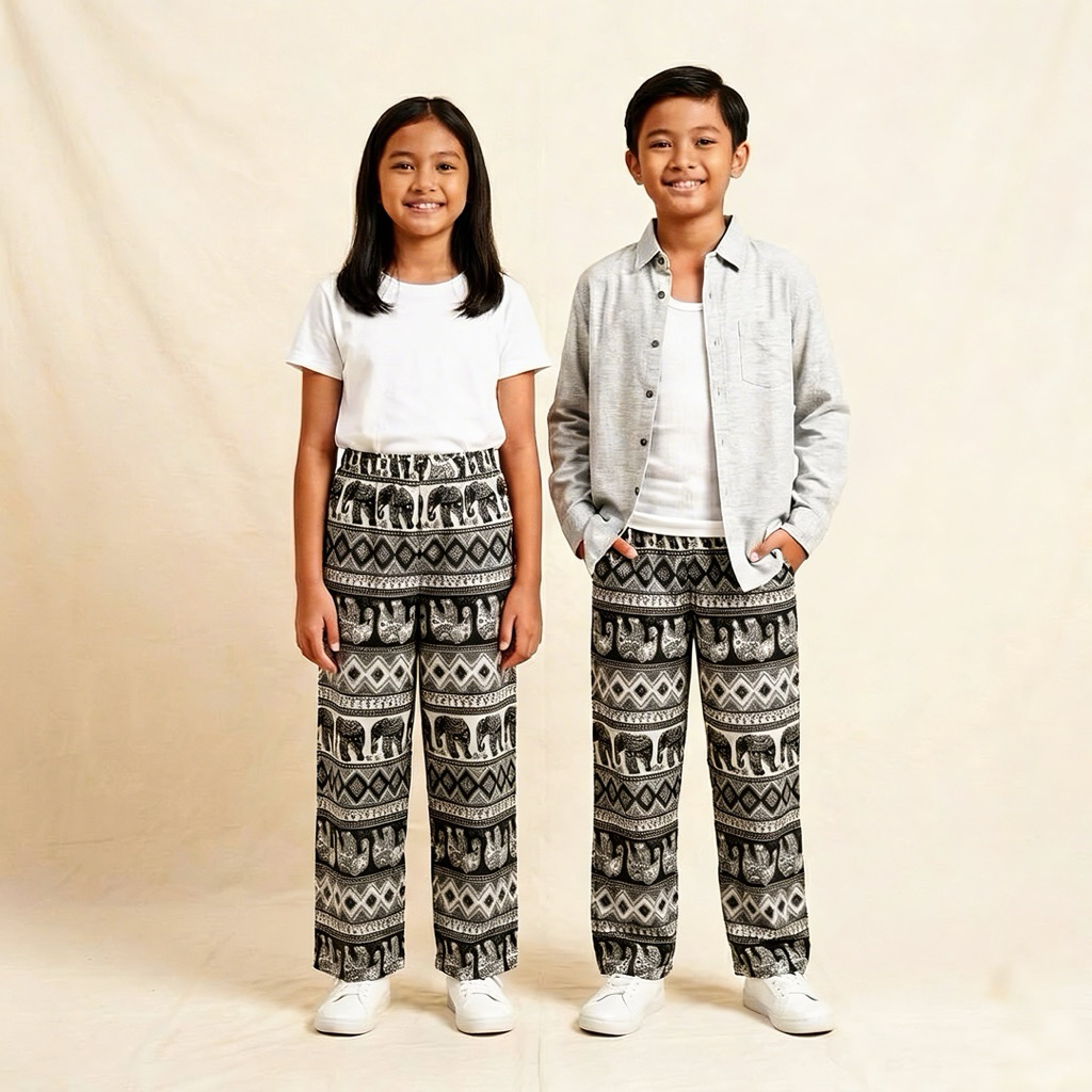 Celana Anak Kulot Tanggung Motif Gajah Thailand Panjang Bahan Rayon Premium Cewe Cowo