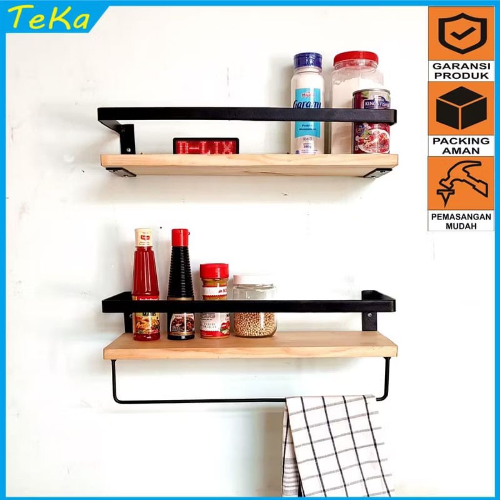 Rak dinding minimalis/rak dapur atau kamar mandi kayu dan besi serbaguna