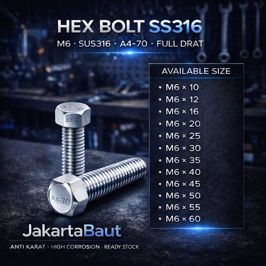 SS316 Baut Hex Stainless M6X20 - Baut Hexagon 6X20 / M6 X 20 / 6 X 20  SUS316 / A4-70 Full Drat