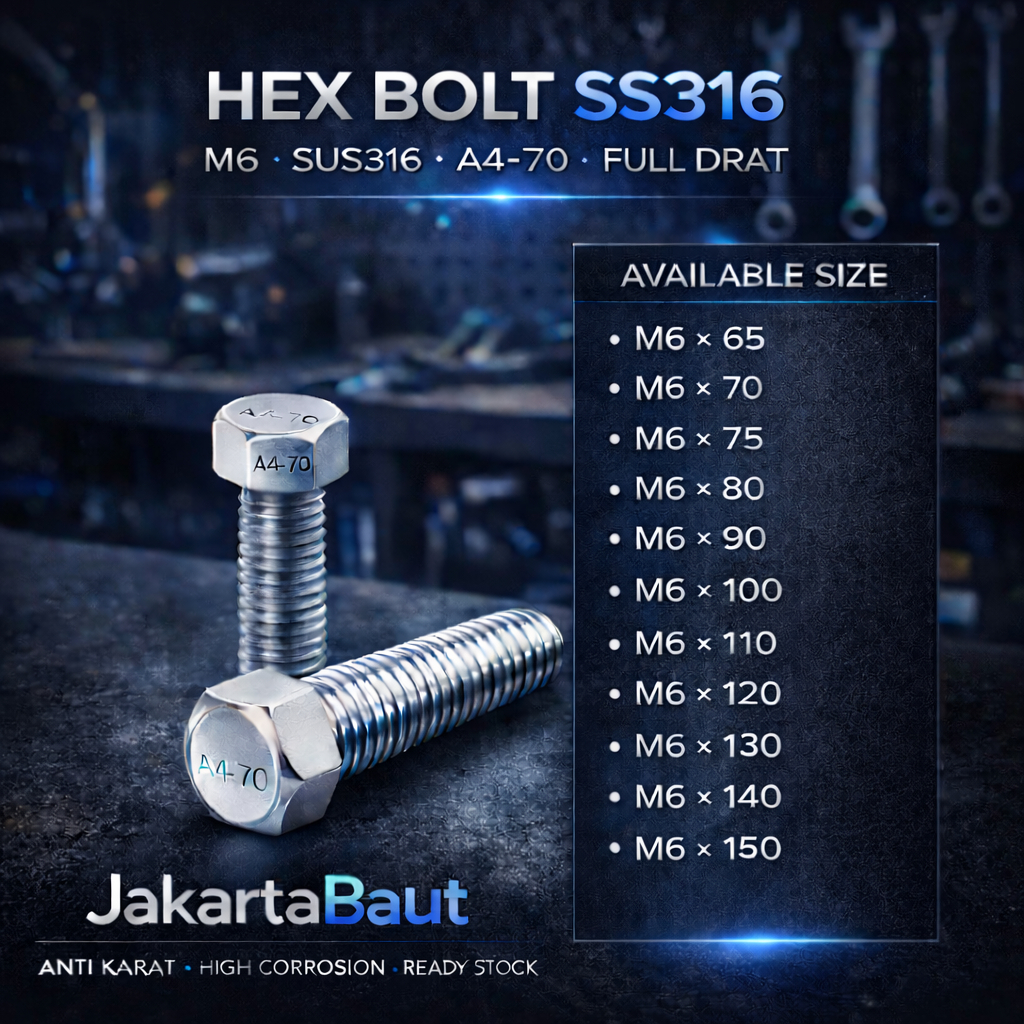 SS316 Baut Hex Stainless M6X130 - Baut Hexagon 6X130 / M6 X 130 / 6 X 130  SUS316 / A4-70 Full Drat