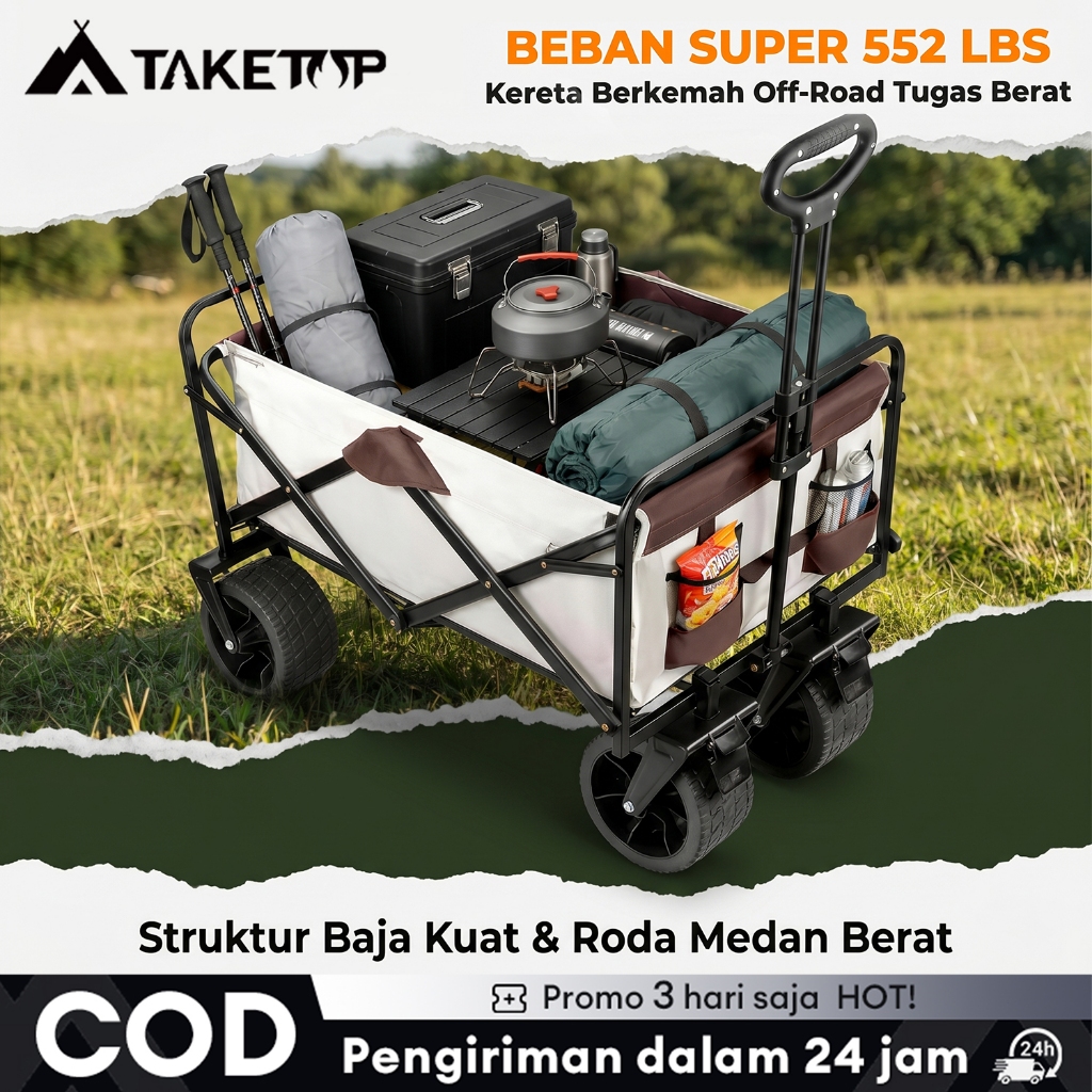 Troli Barang Outdoor Trolley Camp Wagon Keranjang Belanja Brake Troli Piknik Besar Roda Besar