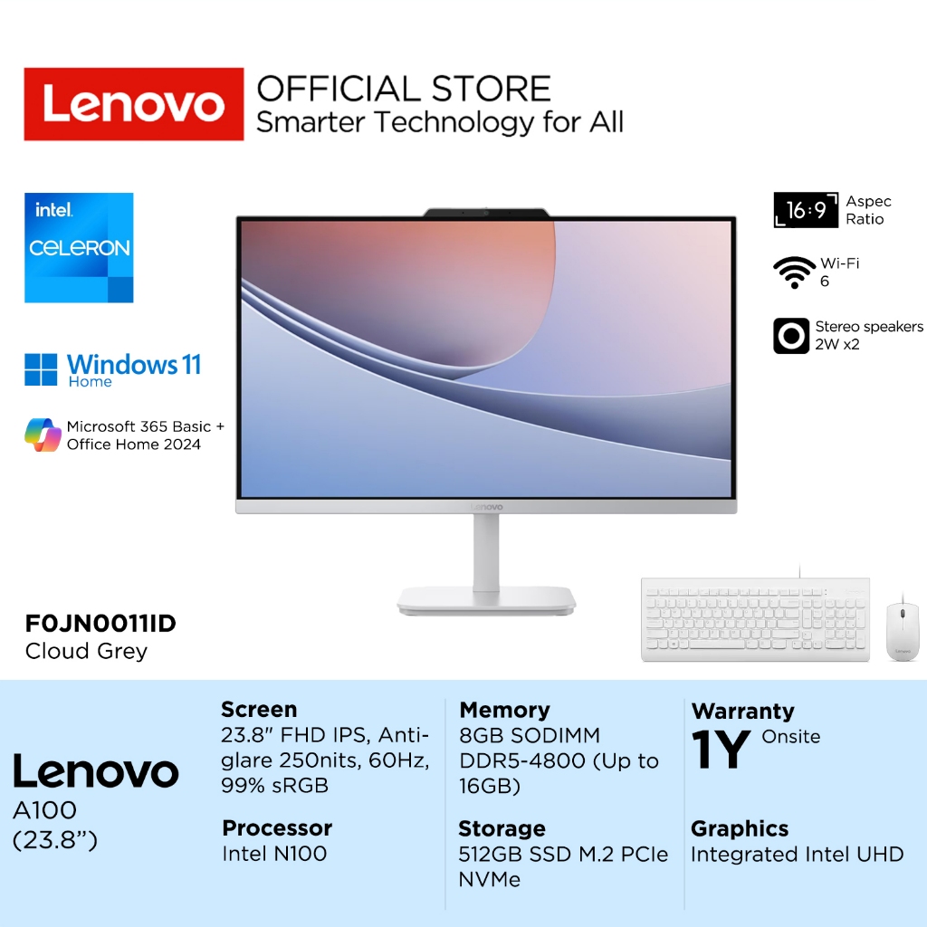 Lenovo PC AIO A100 11ID Intel N100, Integrated Intel UHD Graphics, RAM 8GB, SSD 512GB, 23.8" FHD IPS