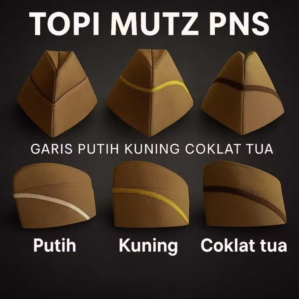 Peci Mut PNS Putra Putri Topi Mutz PNS ASN Bahan Drill Berkualitas Pita Kuning Putih Coklat