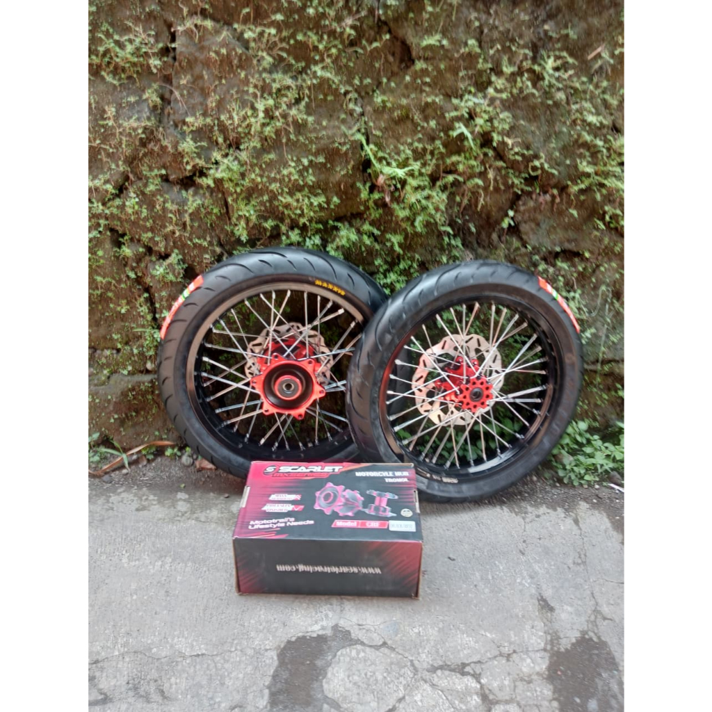 Paket Supermoto CRF Velg 215/250 Ban Maxxis - Tromol Scarlet - Siap Pasang