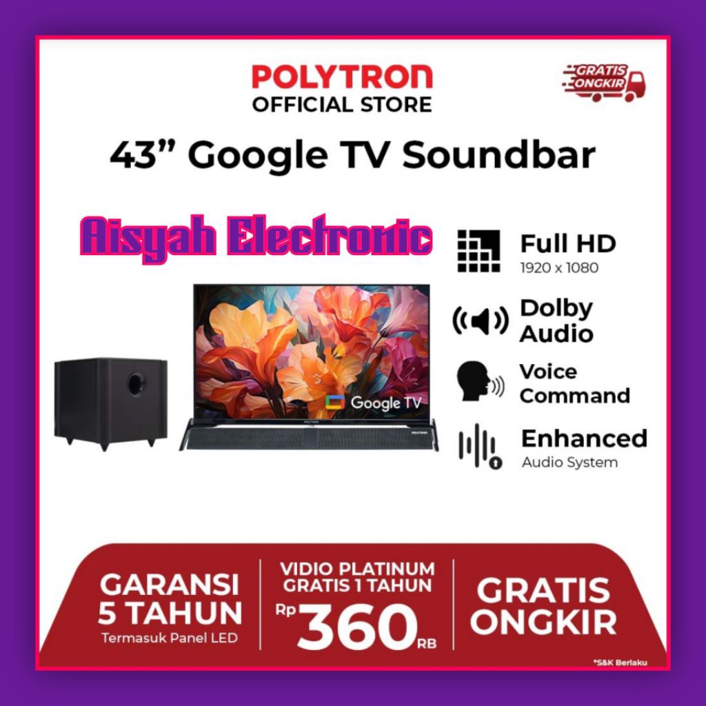 GOOGLE TV POLYTRON 43BG9058 43 INCI FHD GARANSI 5 TAHUN