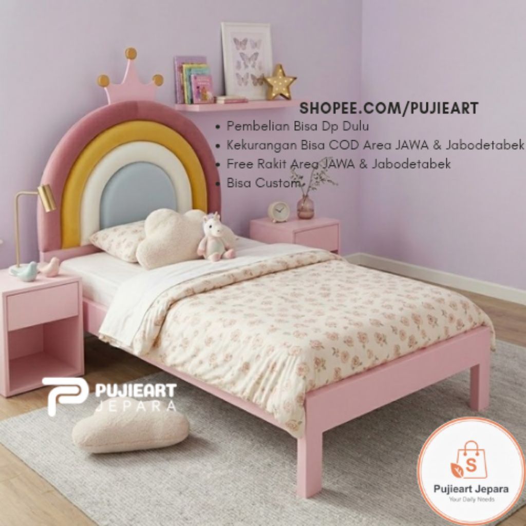 Tempat Tidur Anak Perempuan Karakter Rainbow , Ranjang Single Kayu Minimalis
