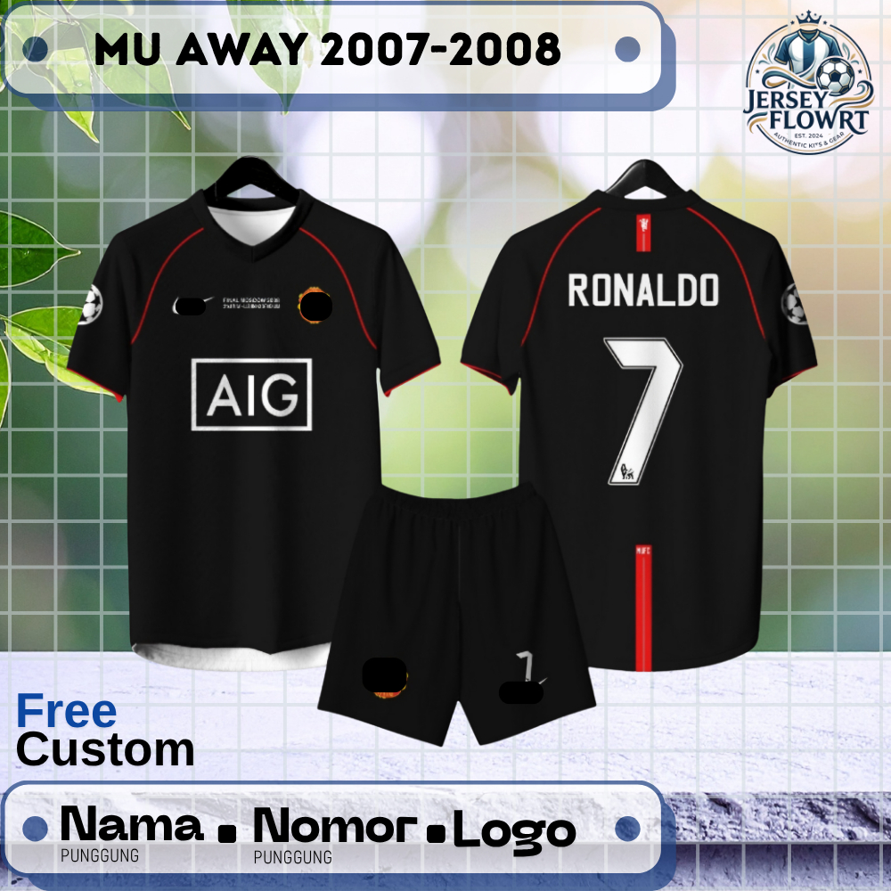 Jersey Bola Custom Vintage MU AWAY 2007-2008 Hitam Pendek free Nama, Logo dan nomor Full Printing