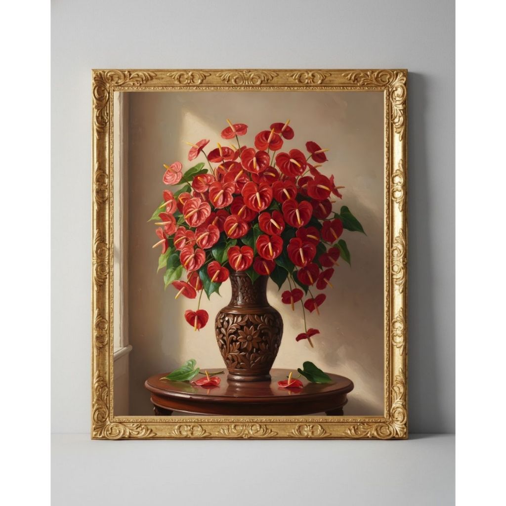 Lukisan Kanvas Bunga Anthurium Merah | Vas Kayu Berukir Estetik | Bingkai Kaca 60x75cm Siap Gantung