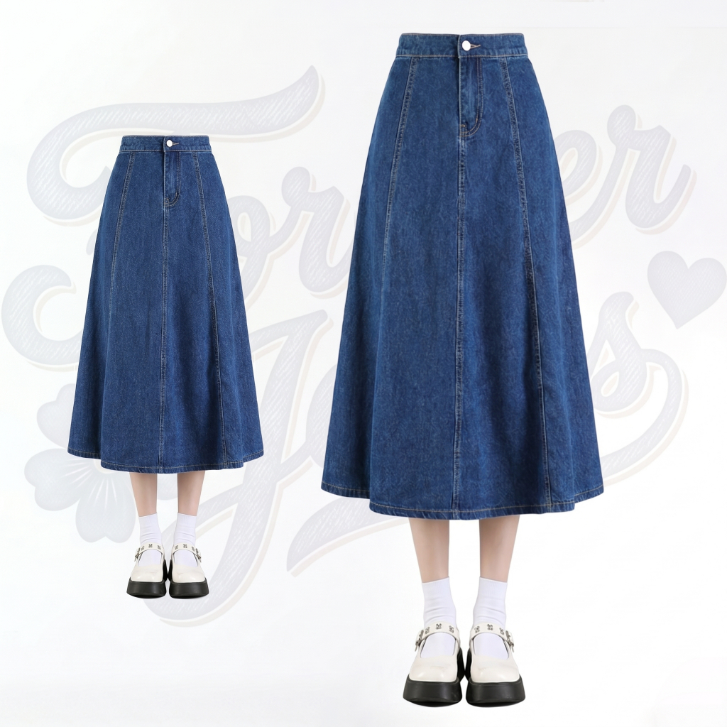 Forever Jeans Rok Pinggang Karet 7/8 Jeans Wanita Rok Midi Korean Style Jumbo