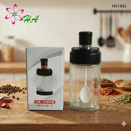 Botol Tempat Bumbu Dapur Kaca dengan Sendok - 250ml, Tutup Kedap Udara, Desain Unik