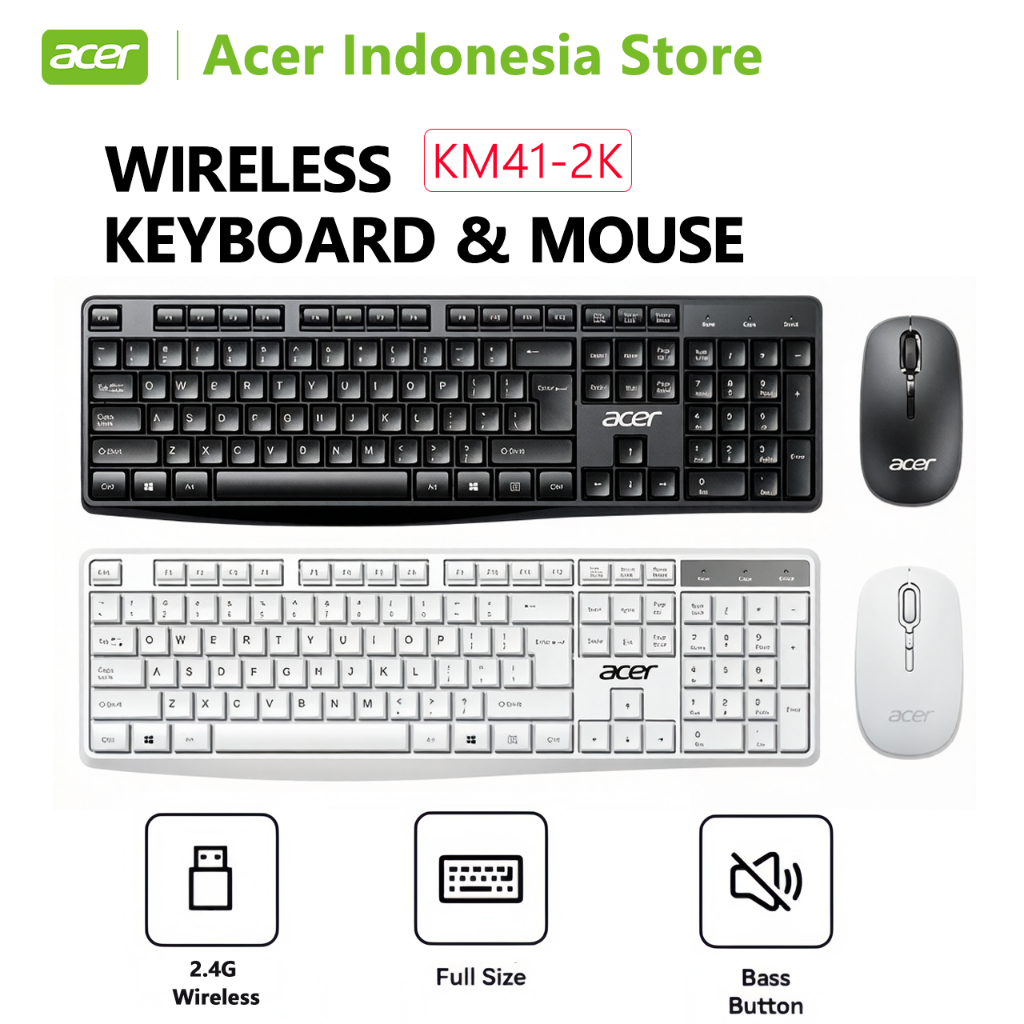 Acer KM41-2K Wireless Keyboard & Mouse Set USB untuk Laptop/PC, Tombol Senyap (Low Noise), Keyboard 