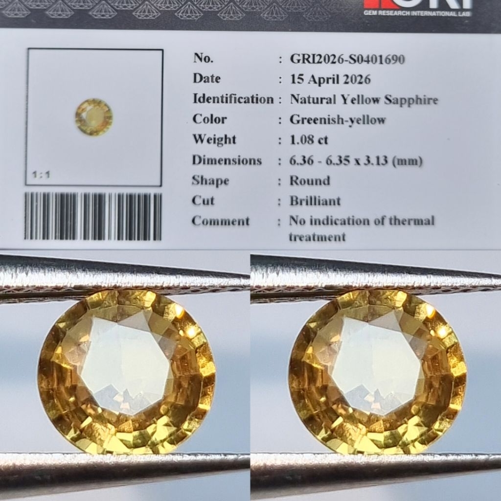 Hight Quality Natural Yellow Sapphire 1.08 Crt No Heated Id.GRI.lab