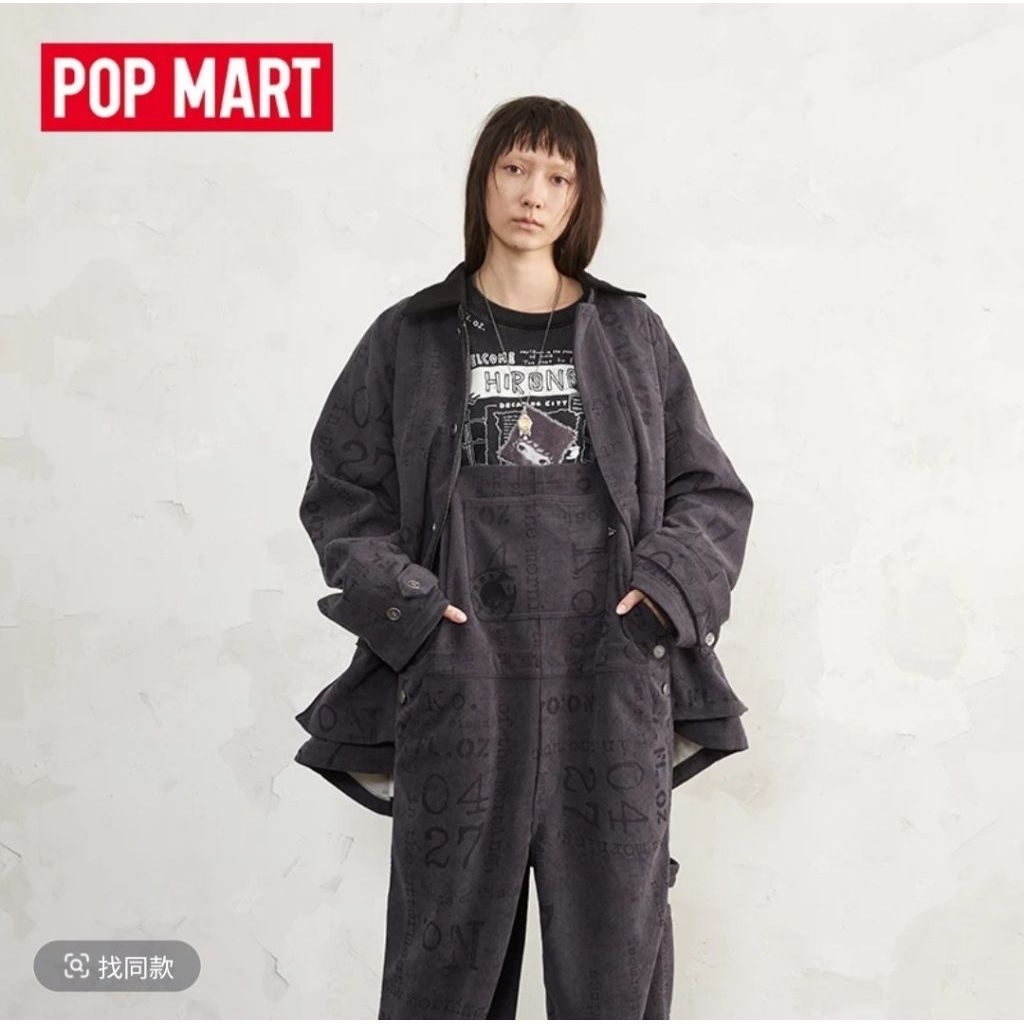 POPMART Hirono Living Wild – All-Over Poem Print Overalls (Dark Gray, Size M, Straight-Leg Loose Fit