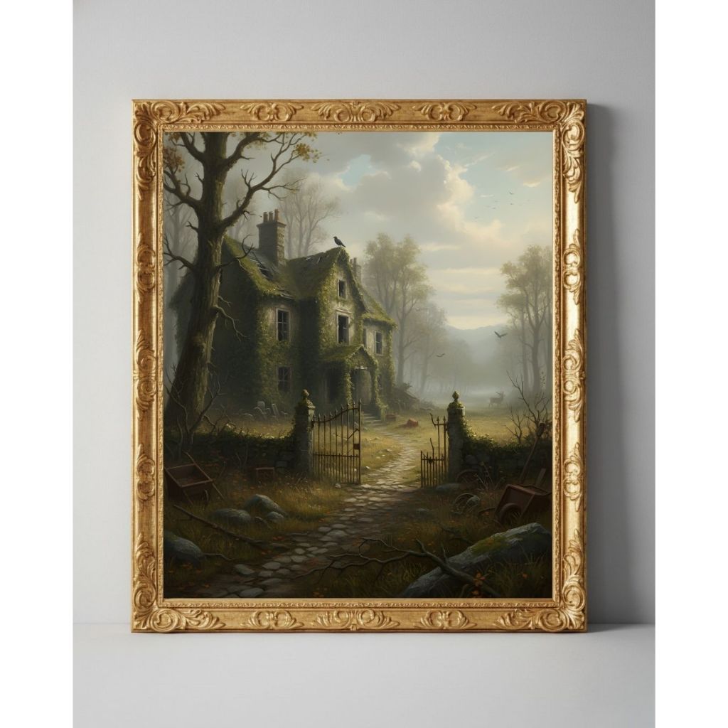 Lukisan Kanvas Rumah Tua Berlumut Angker | Pemandangan Misterius Kabut | Bingkai Kaca 60x75cm Siap G