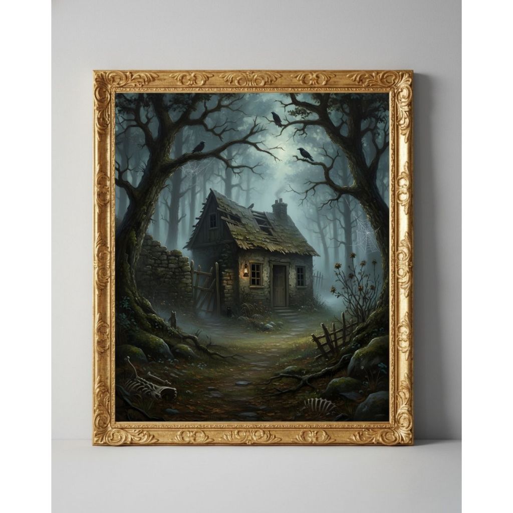 Lukisan Kanvas Pondok Hutan Angker | Suasana Gotik Misterius | Bingkai Kaca 60x75cm Siap Gantung