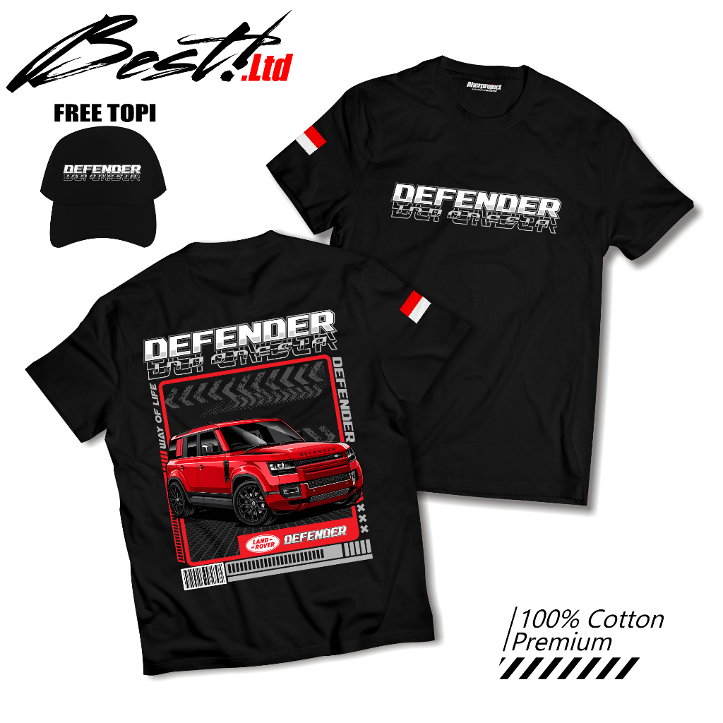 KAOS BAJU T-SHIRT MOBIL LAND ROVER DEFENDER FREE TOPI BAHAN KATUN COMBAD 30S PRIA WANITA