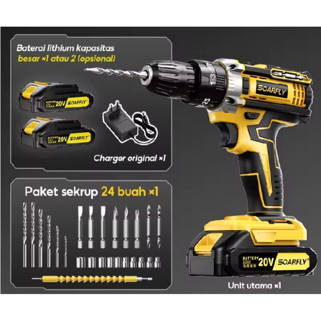 SOARFLY Mesin Bor Cordless 3 mode Mesin Bor Impact Drill / Bor baterai murah / Bor Tanpa Kabel / Bor