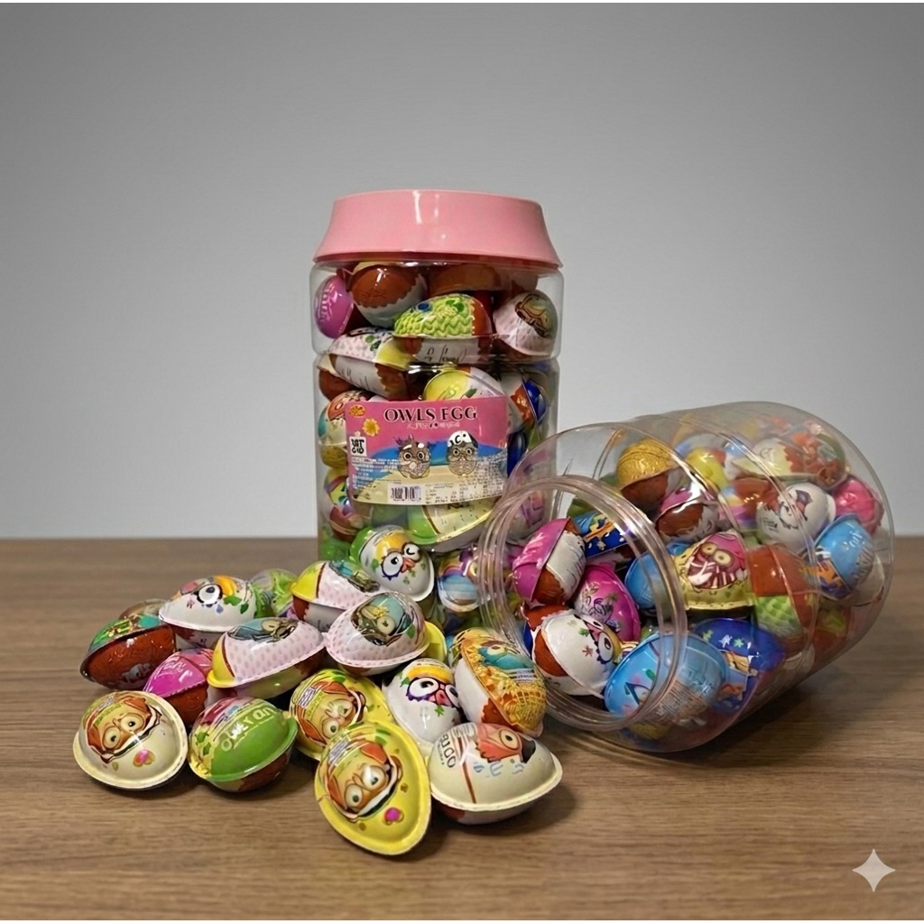 KINDERJOY KW 2rb an ,OWLS EGG ,  promo permen toples isi 400pcs, PERMEN LUNAK GUMMY,CRISPY CHOCO