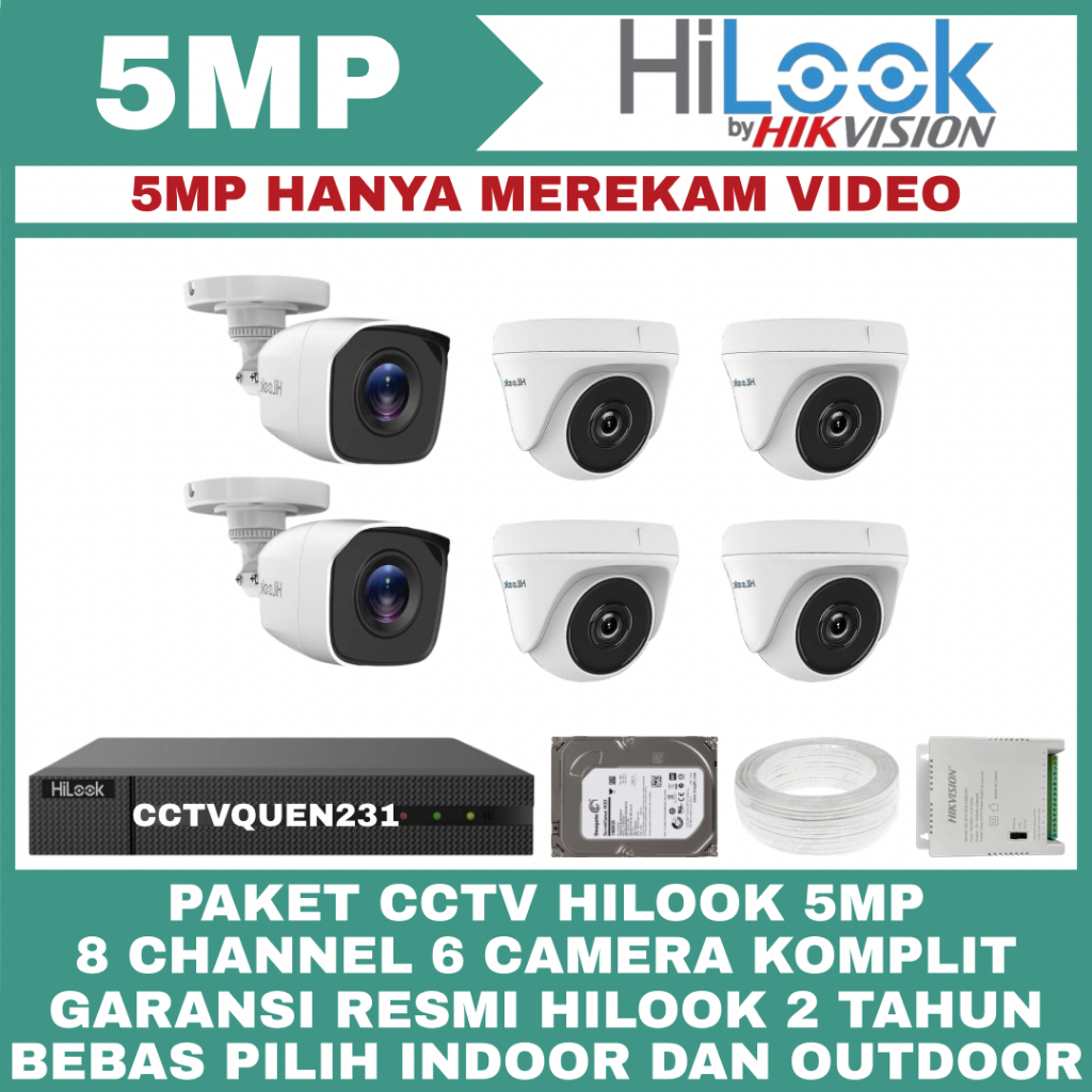 PAKET CCTV HILOOK 5MP 8 CHANNEL 6 KAMERA TURBO HDTVI CAMERA CCTV KOMPLIT