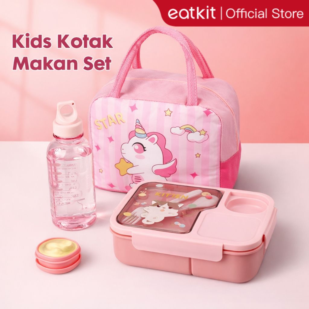 Eatkit Paket Tempat Makan Anak 1450ml Lunch Box Set 3 Sekat BPA Free Kotak Bekal Karakter Tas Bekal