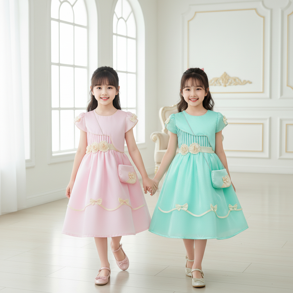 Two Mix Baby - Baju Dress Anak Perempuan Pesta Satin + Tas Cantik Lucu - Gaun Anak Cewek Mewah 1-12 