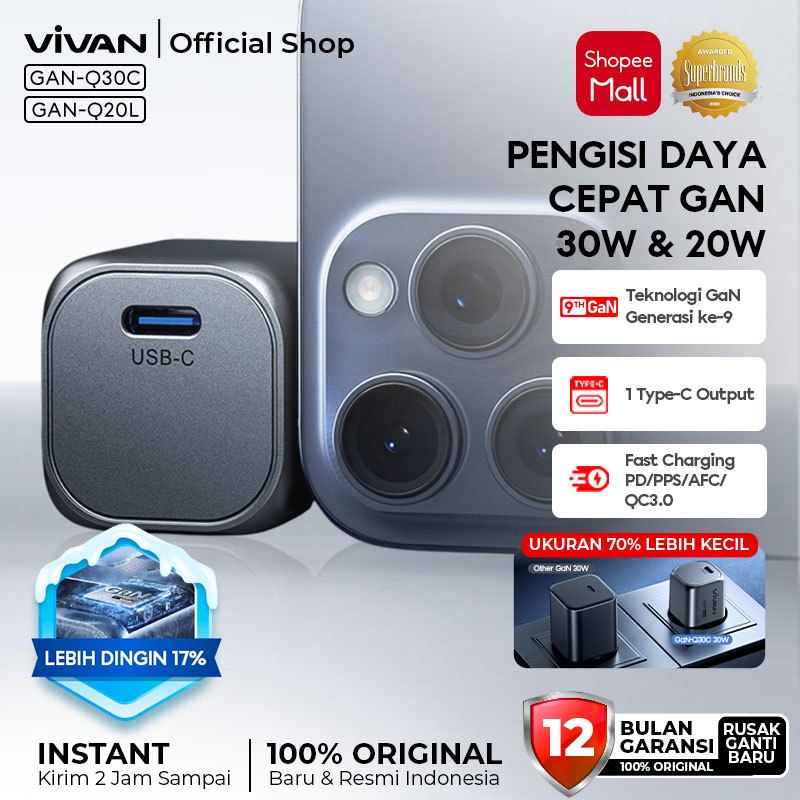 [EXCLUSIVE KYANAVARA] VIVAN Super Mini Adaptor Kepala Charger GaN 20W 30W USB-C PD QC3.0 Fast Chargi