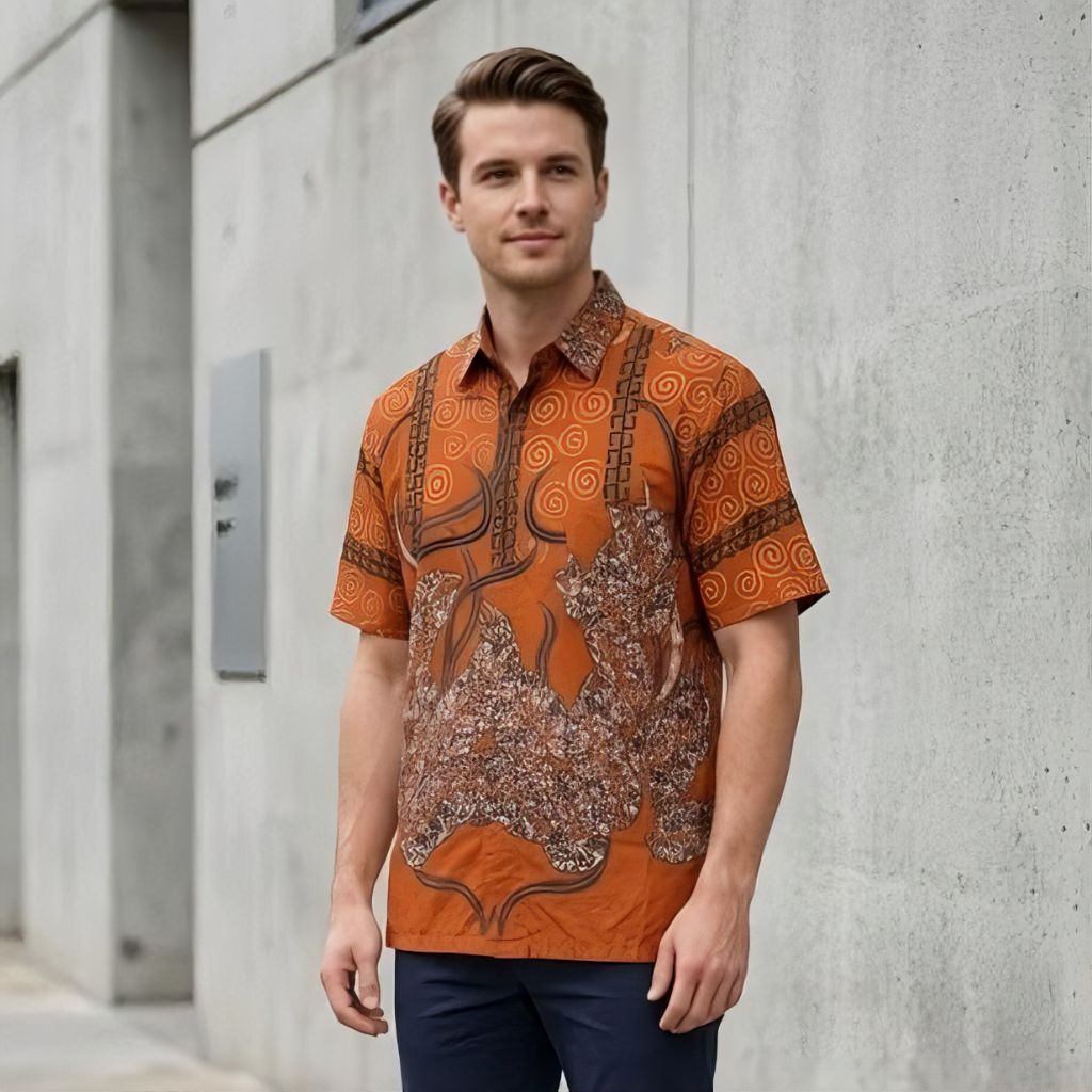 Batik Pria Lengan Pendek Oren Candy Katun Signature Reguler Modern | Seragam Batik Pria Pesta Dan Ka